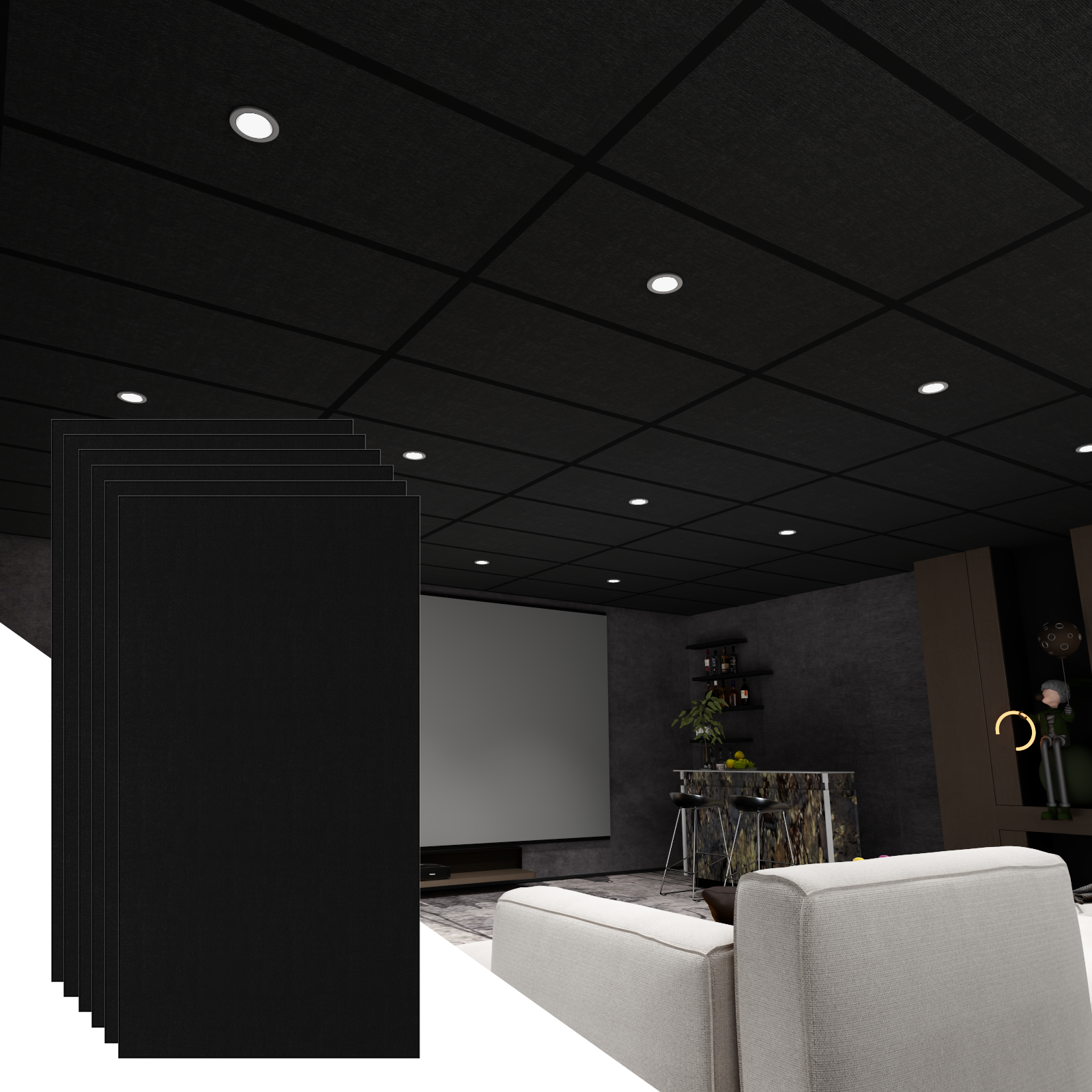 BaseNoir Black Polyester Fiber Acoustic Ceiling Tiles