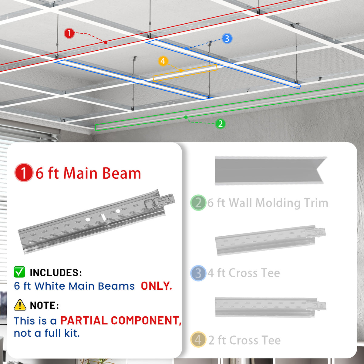 BaseNoir 6Ft Main Beam Cross Tee for Drop Ceiling Grid, Black & White Options