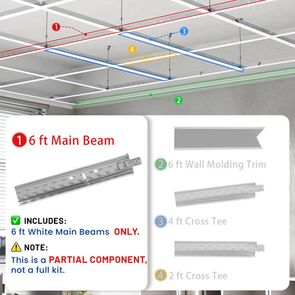 BaseNoir 6Ft Main Beam Cross Tee for Drop Ceiling Grid, Black & White Options