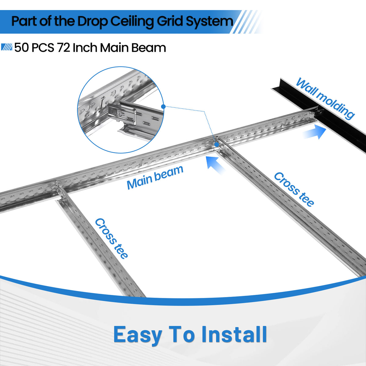 BaseNoir 6Ft Main Beam Cross Tee for Drop Ceiling Grid, Black & White Options