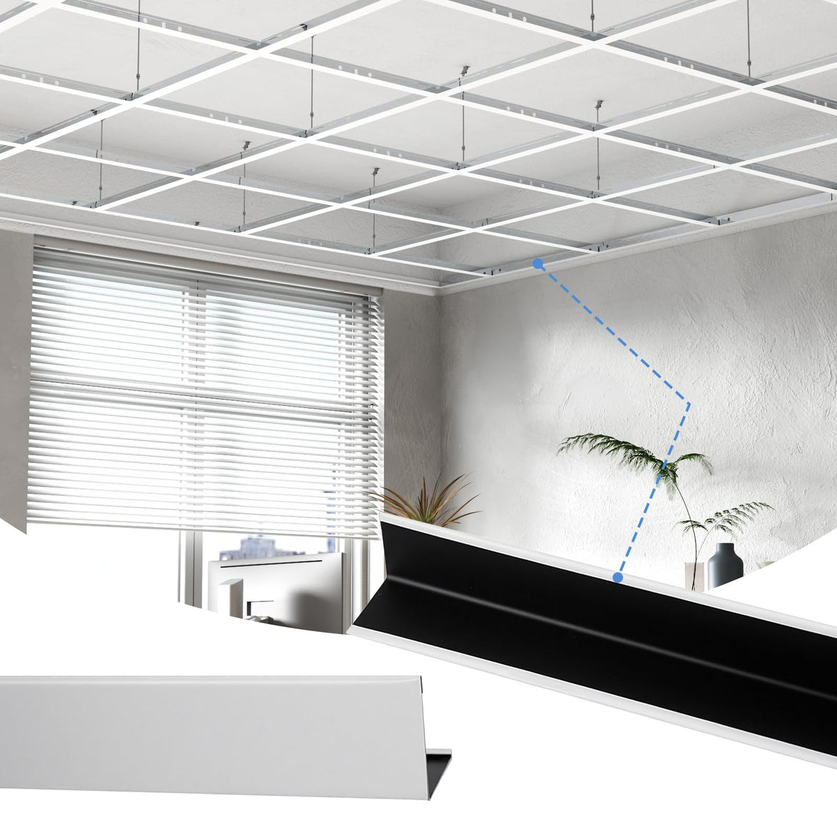 BaseNoir 6Ft Wall Molding Trim for Drop Ceiling Grid System, Black & White Options
