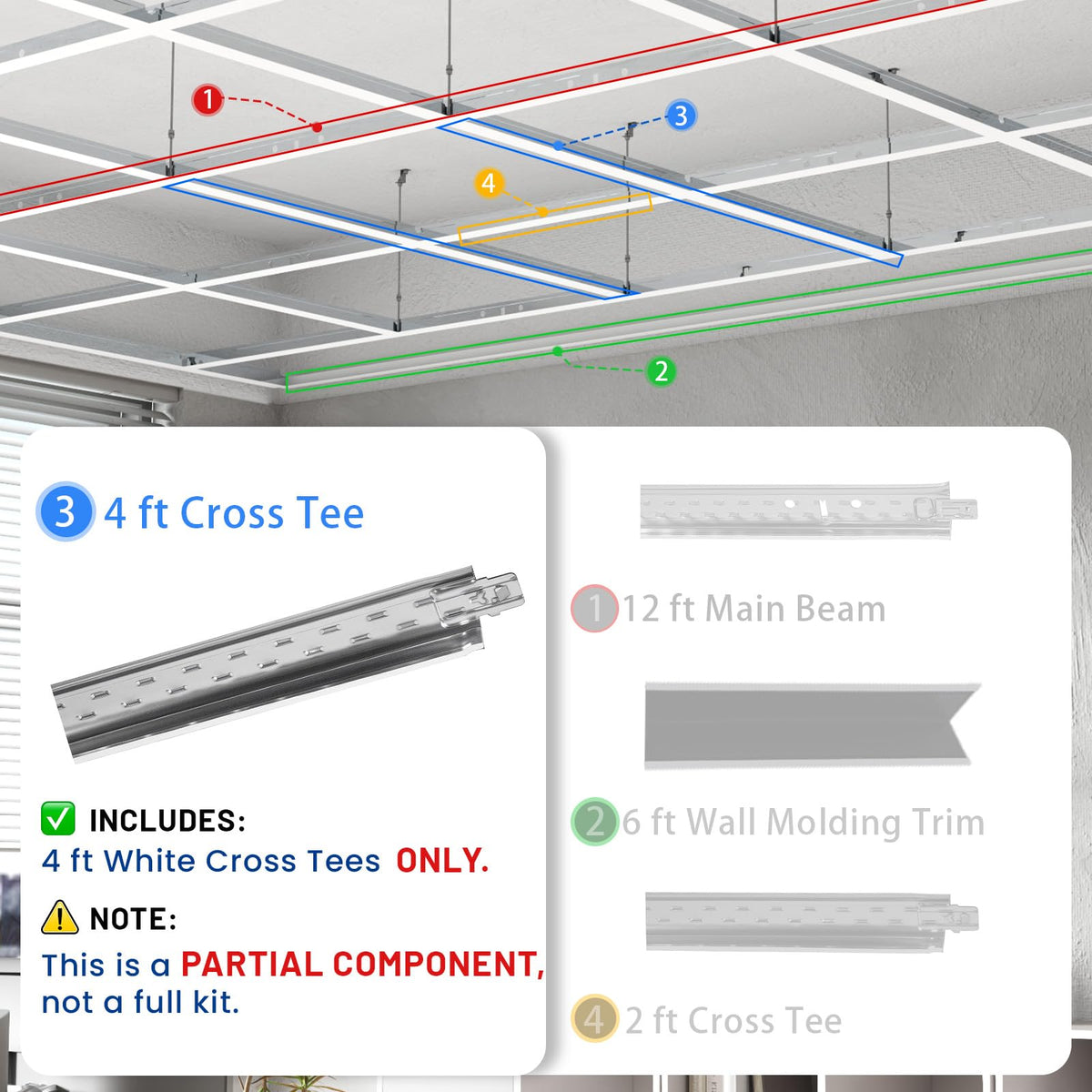 BaseNoir 2Ft Cross Tee Drop Ceiling Grid System, Black & White Options