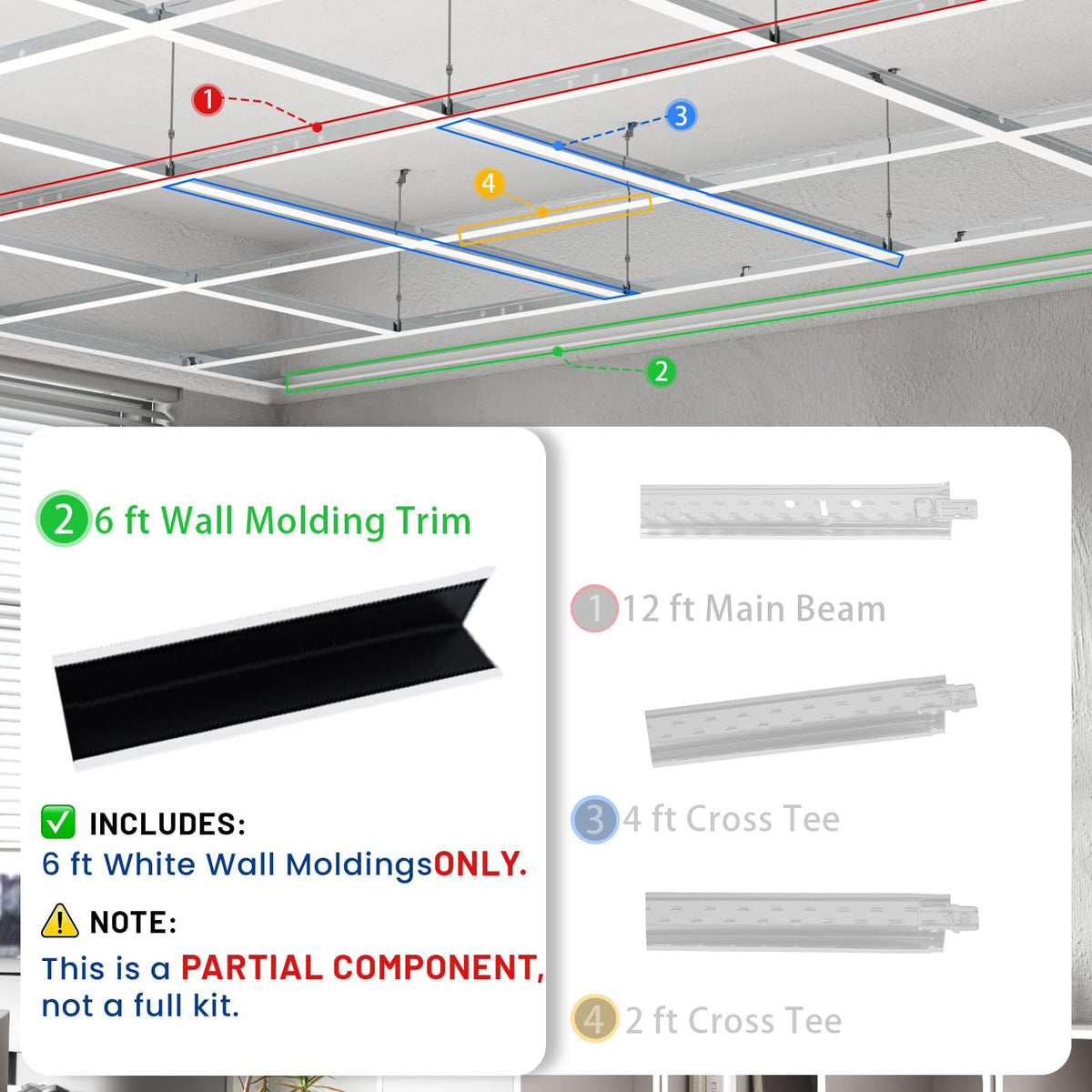 BaseNoir 6Ft Wall Molding Trim for Drop Ceiling Grid System, Black & White Options