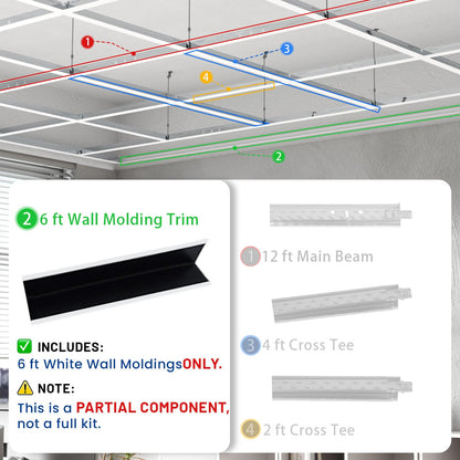 BaseNoir 6Ft Wall Molding Trim for Drop Ceiling Grid System, Black & White Options